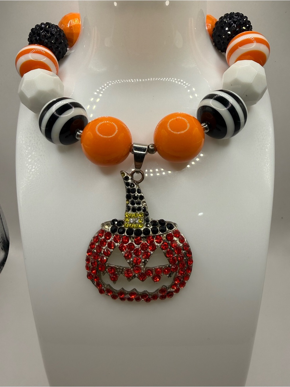 Halloween Pumpkin Beaded Necklace Orange Black & White with Lobster Closure